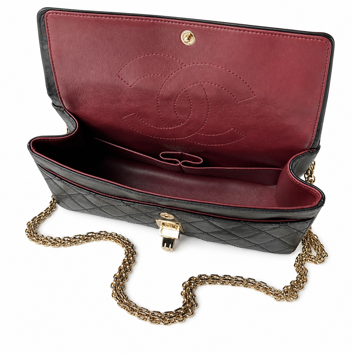 Chanel 2.55 Reissue 227 Black Aged Distressed Calfskin Aged Gold Mademoiselle Lock Chain 24cm