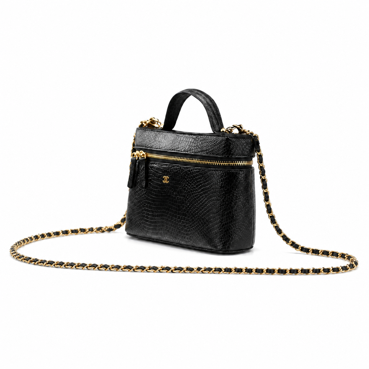 CHANEL Black Lizard-Embossed Leather Vanity Case Dual Zip Top Handle Chain Bag