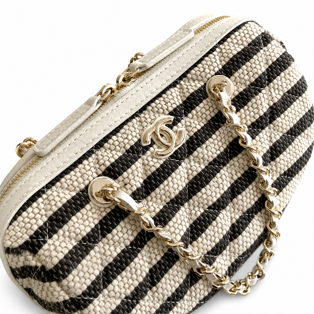 Chanel Black White Striped Woven Raffia Bowling Bag Gold Chain Strap CC Zip Pull Cream Leather Trim 18.5cm