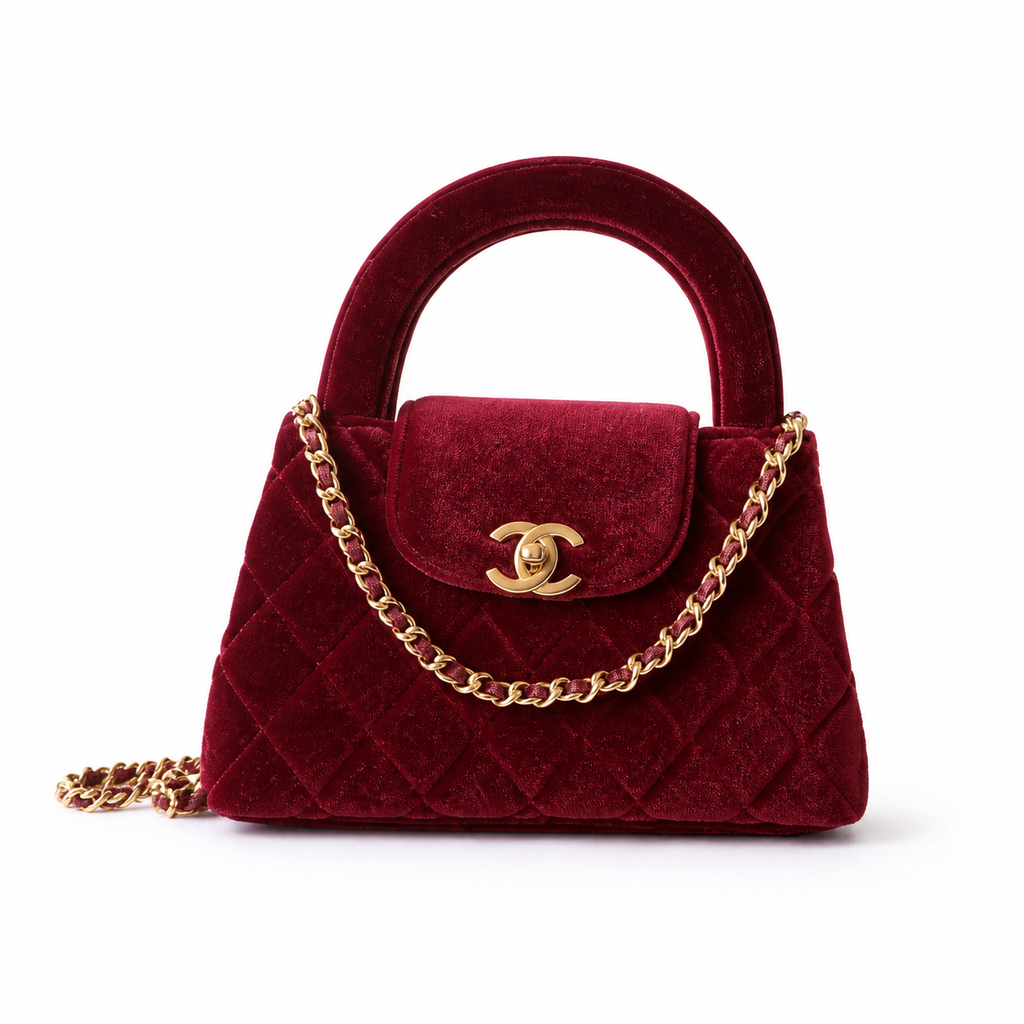 Chanel Red Velvet Quilted Heart Bag Gold CC Flap Top Handle