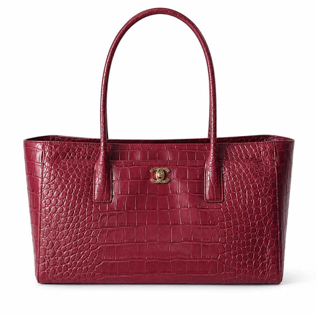 Chanel Burgundy Crocodile Embossed Leather Executive Tote Bag | Gold CC Turn-Lock | Dual Handles | 39×20×13cm