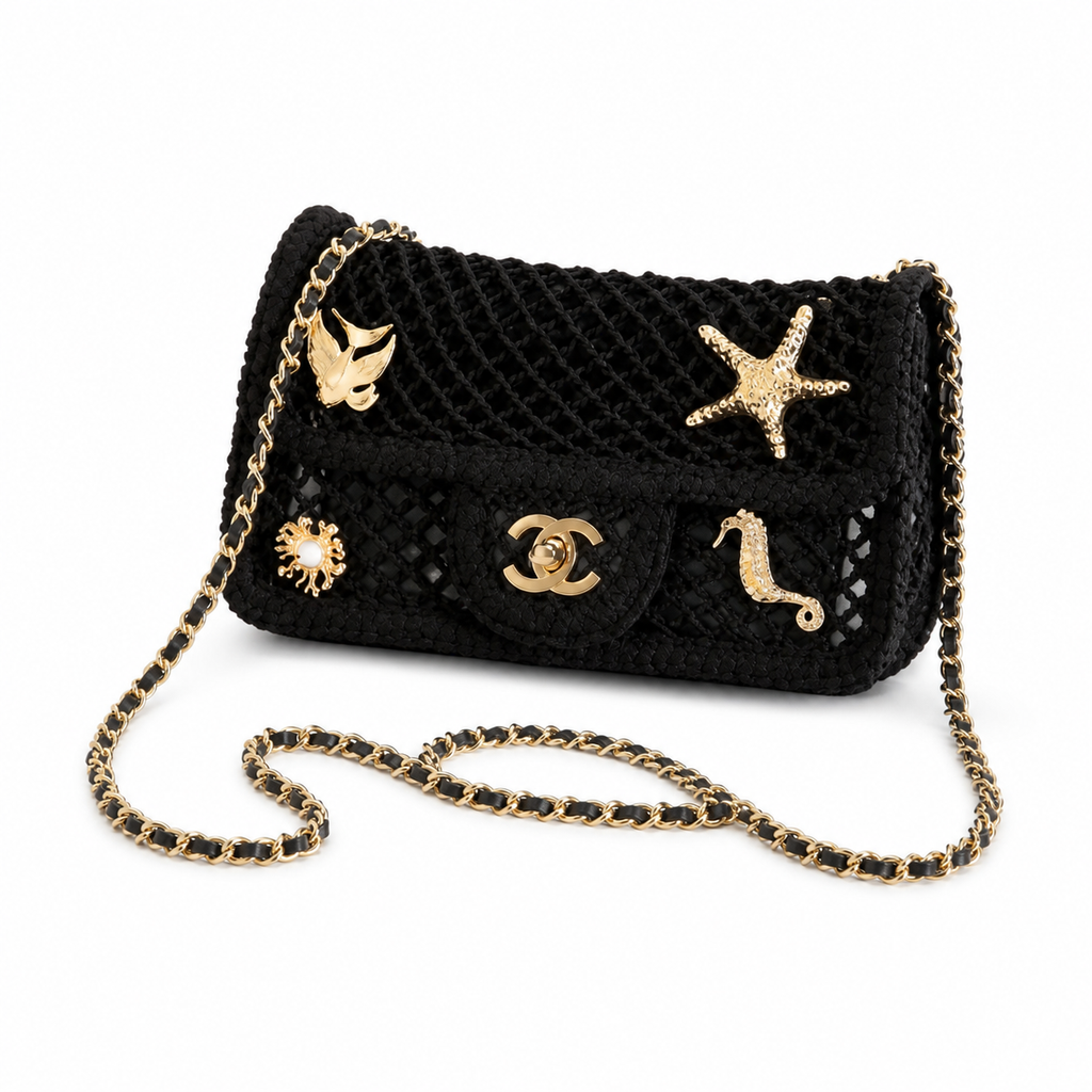 Chanel Black Mesh Flap Bag Gold Sea Creature Charms Red Coral Chain Cruise