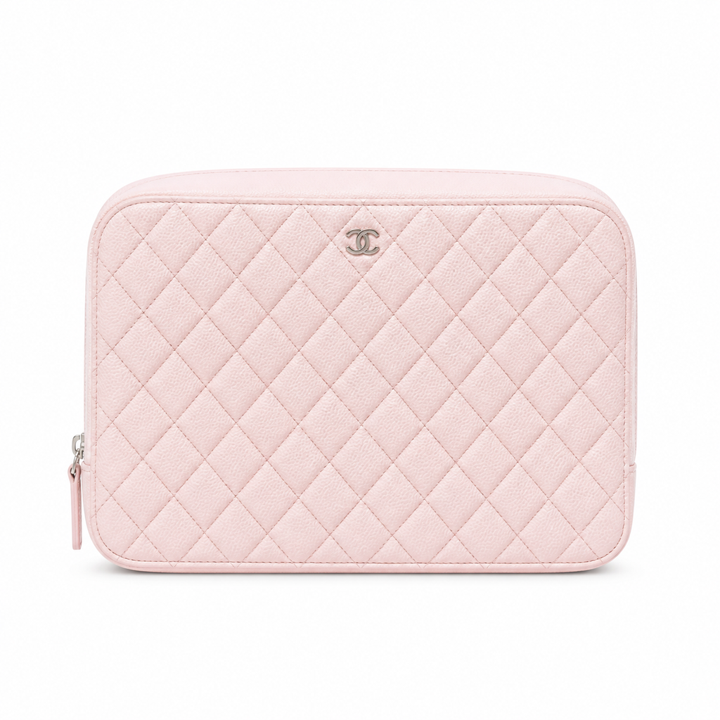 Chanel Light Pink Caviar Quilted Zip-Around Square Vanity Case Silver Zipper Silver Hardware 21cm