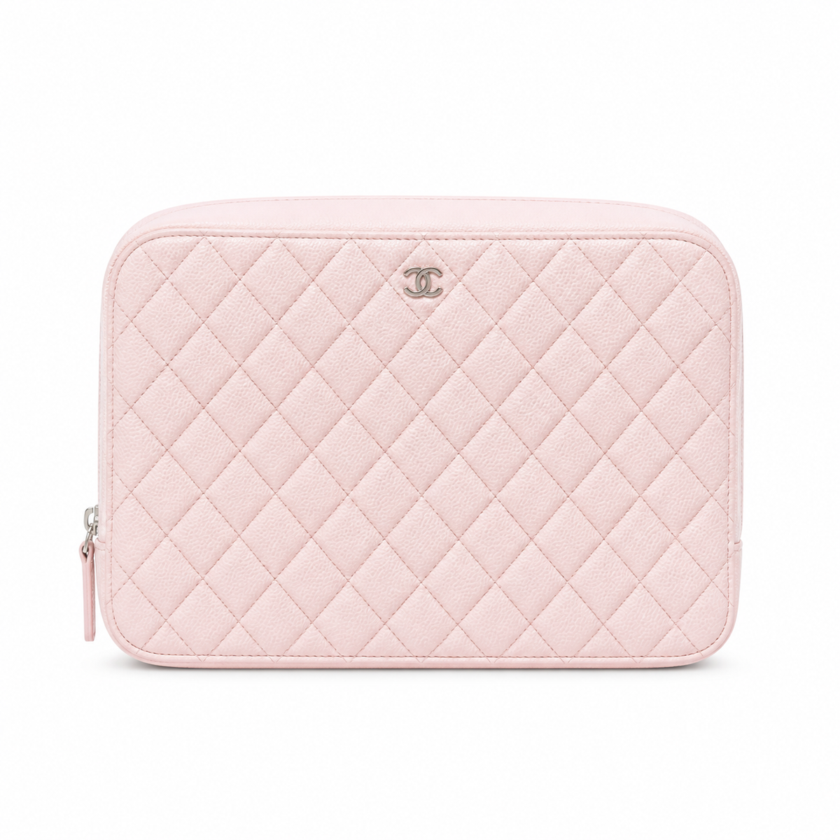 Chanel Light Pink Caviar Quilted Zip-Around Square Vanity Case Silver Zipper Silver Hardware 21cm