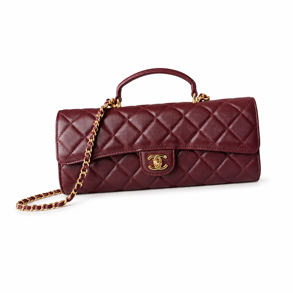 Chanel Dark Burgundy Diamond-Quilted Grained Leather Elongated Flap Bag | Top Handle & Gold Chain