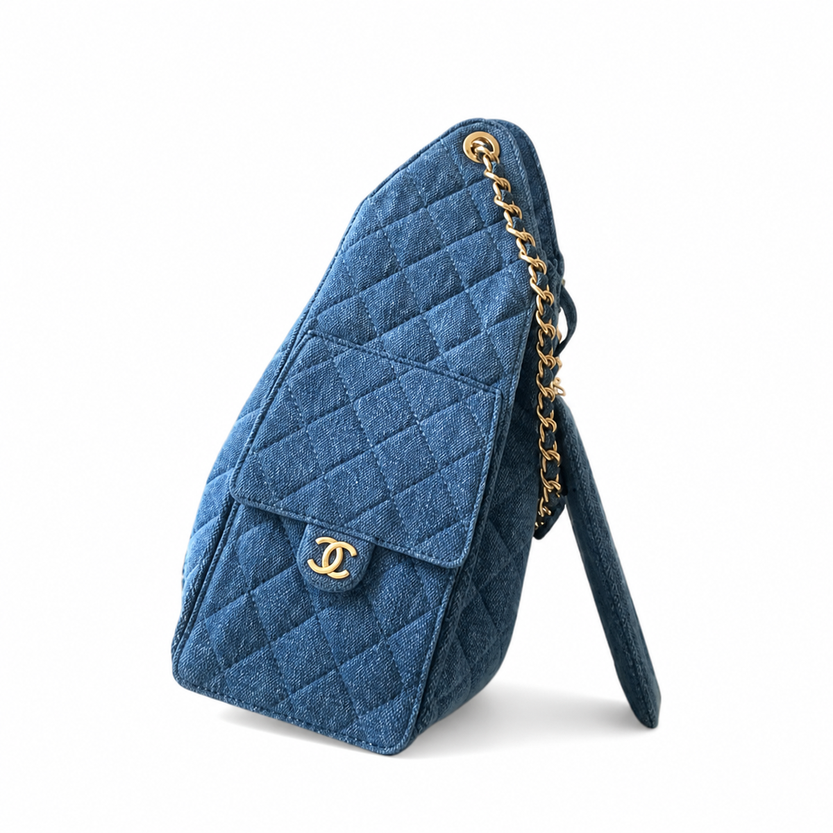 Chanel Blue Quilted Denim Large Flap Bag with Gold CC Logo
