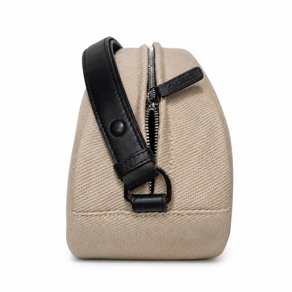 Chanel Beige Canvas Oval Sport Shoulder Bag | Black CC | Adjustable Strap | 17×32×13cm