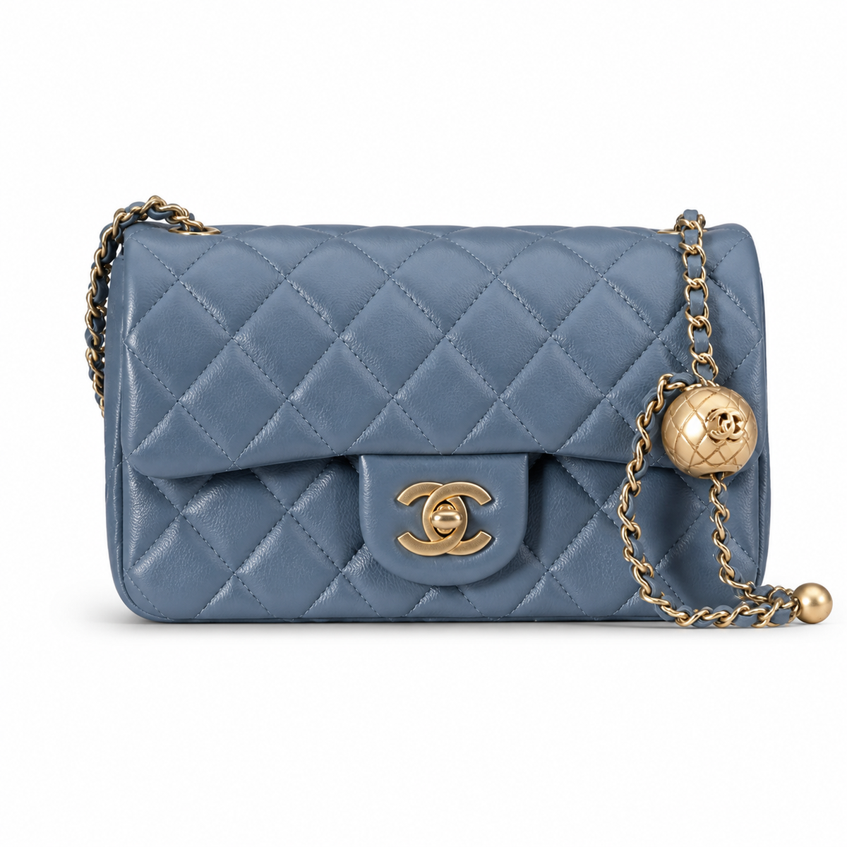 Chanel Pearl Crush Mini Rectangle Flap Bag Denim Blue Lambskin Gold Pearl Chain 20cm