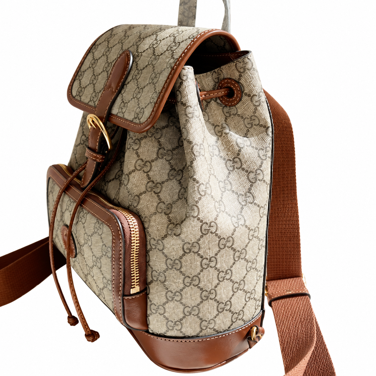 Gucci GG Supreme Canvas Medium Backpack with Brown Leather Trim
