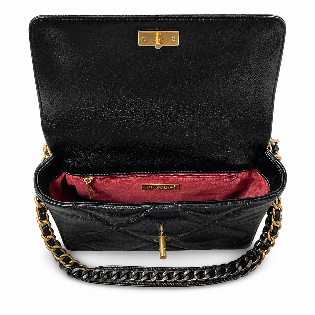 Chanel 19 Large Flap Bag Black Shiny Goatskin Mixed Metal Chain Gold CC Turn-Lock 26cm