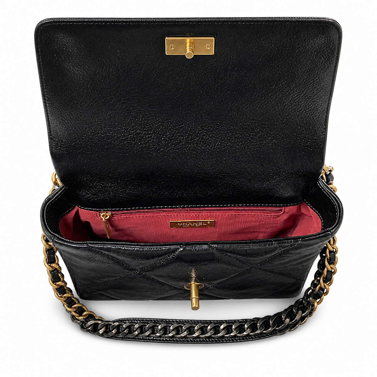 Chanel 19 Large Flap Bag Black Shiny Goatskin Mixed Metal Chain Gold CC Turn-Lock 26cm