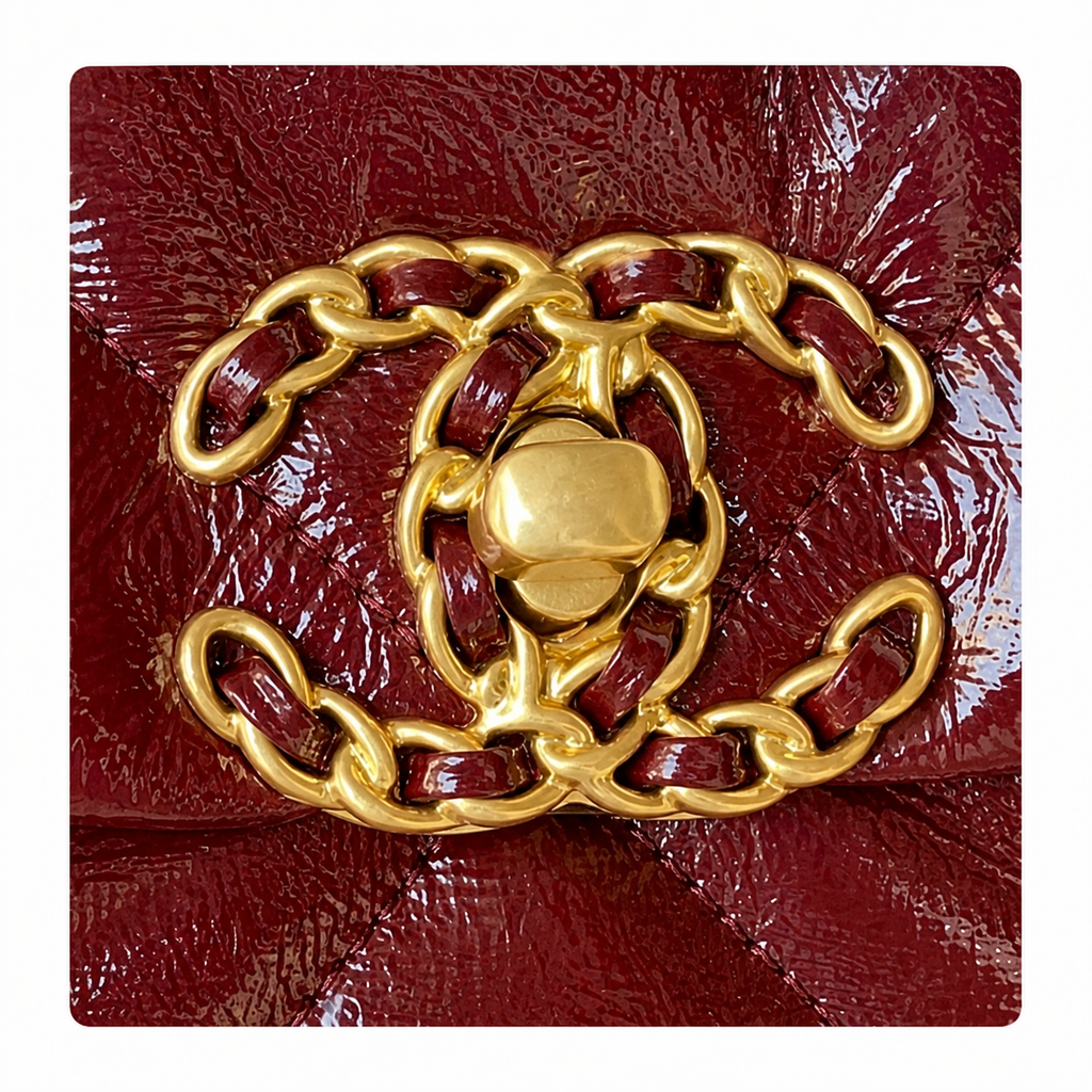 Chanel 19 Large Flap Bag Burgundy Crinkled Patent Leather Mixed Metal Chain CC Turn-Lock 26cm