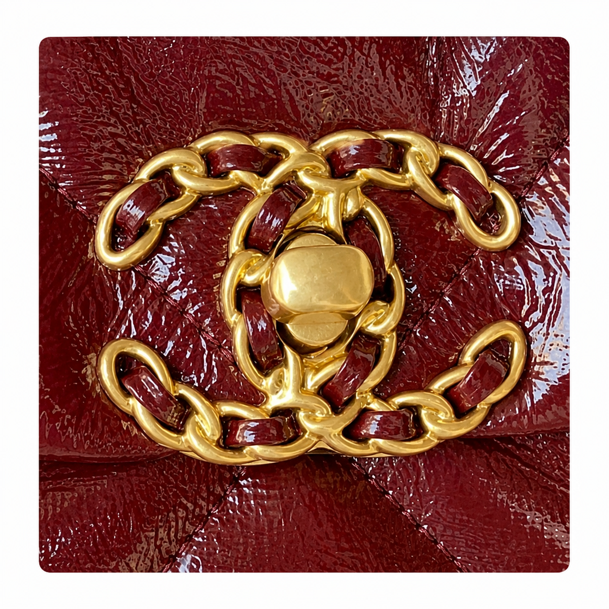 Chanel 19 Large Flap Bag Burgundy Crinkled Patent Leather Mixed Metal Chain CC Turn-Lock 26cm