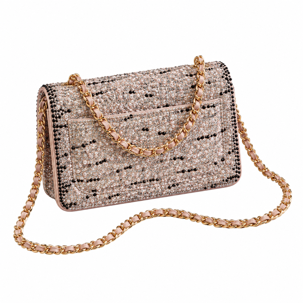 CHANEL Crystal Pearl Embellished Classic Flap Crossbody Bag – Blush Pink Interior Gold Chain 20cm
