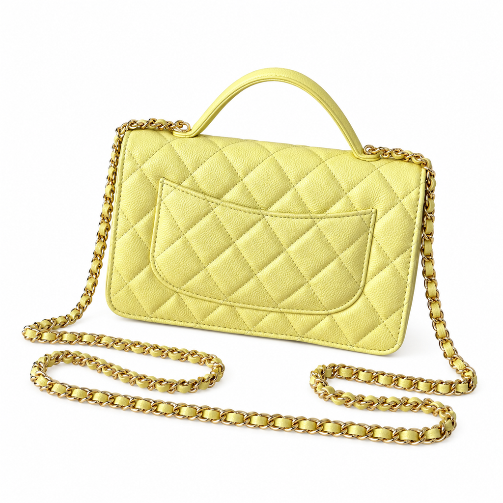 Chanel Classic Flap Mini Rectangle Lemon Yellow Caviar Leather Aged Gold CC Hardware 18.5cm