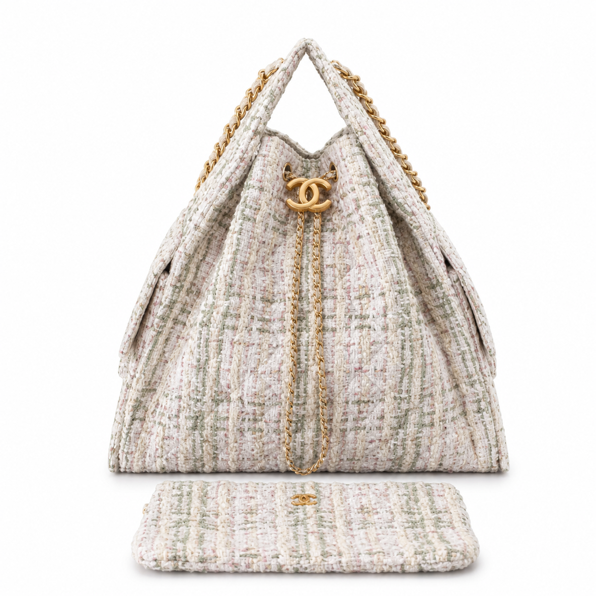 Chanel White Multicolor Tweed Large Flap Shopping Bag Chain