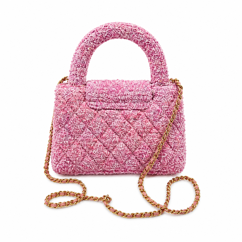 Chanel Pink Tweed Quilted Mini Kelly Shopping Bag Gold CC Chain Fuchsia Interior