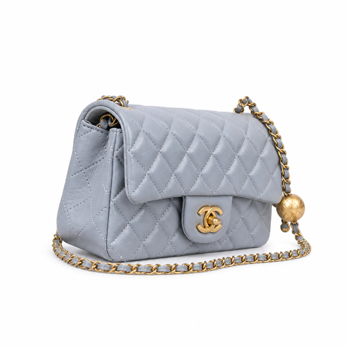 Chanel Pearl Crush Mini Flap Bag Powder Blue Lambskin Gold CC Turn-Lock Ball Charm Chain 20cm