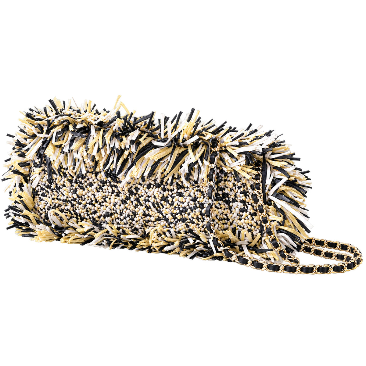 Chanel Black White Raffia Fringe Flap Bag Tortoiseshell CC Chain Cruise