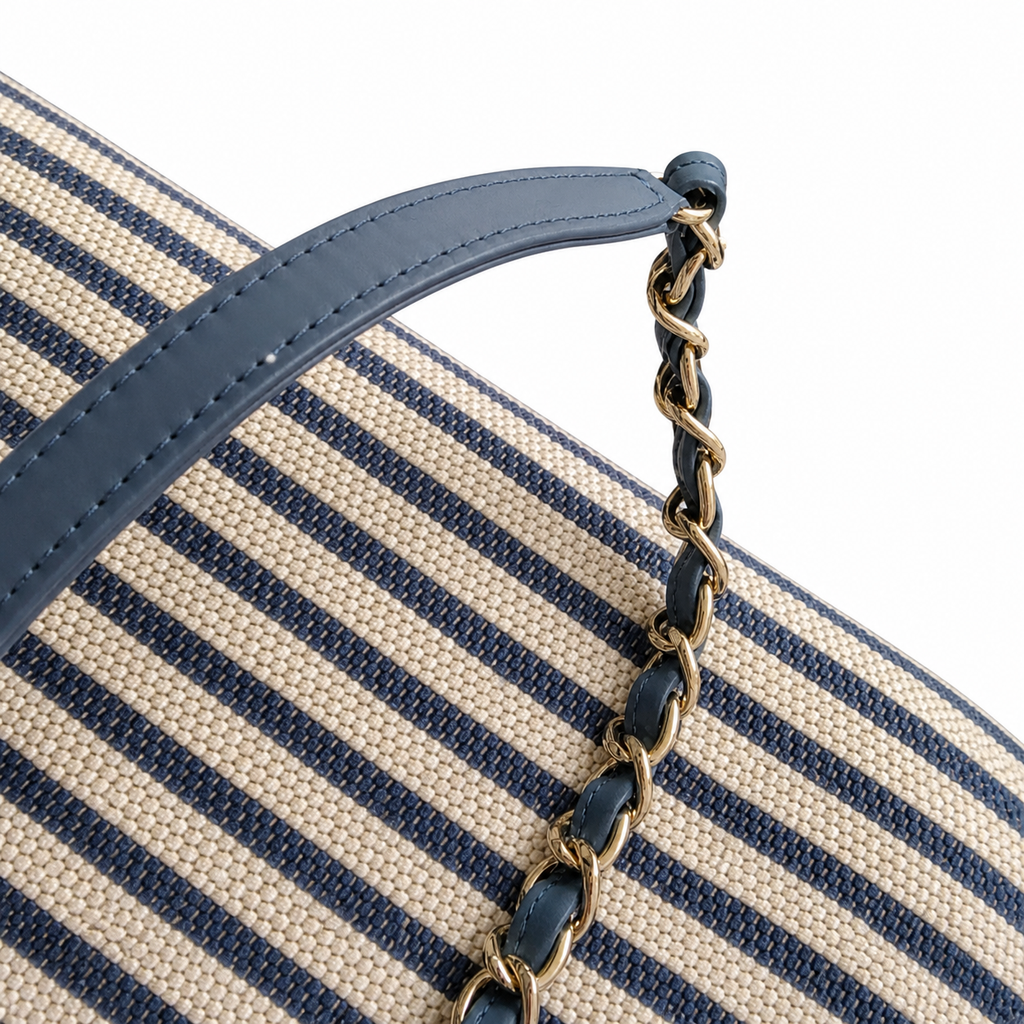 Chanel Navy & Ivory Stripe Woven Large Shopping Tote | Gold CC | Navy Leather & Chain | 25×46×13cm