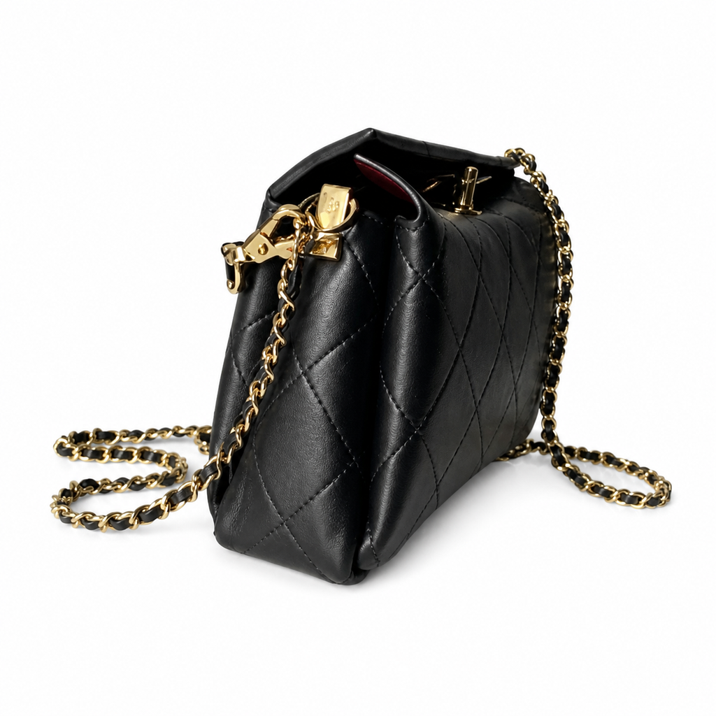 Chanel Top Handle Crossbody Bag | Black Quilted Lambskin Camellia Clasp Gold Chain | 23cm