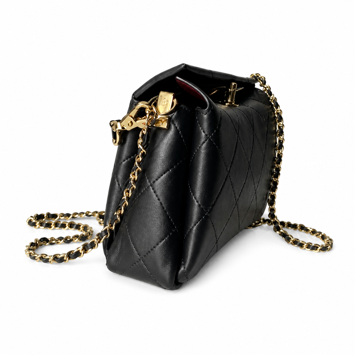 Chanel Top Handle Crossbody Bag | Black Quilted Lambskin Camellia Clasp Gold Chain | 23cm