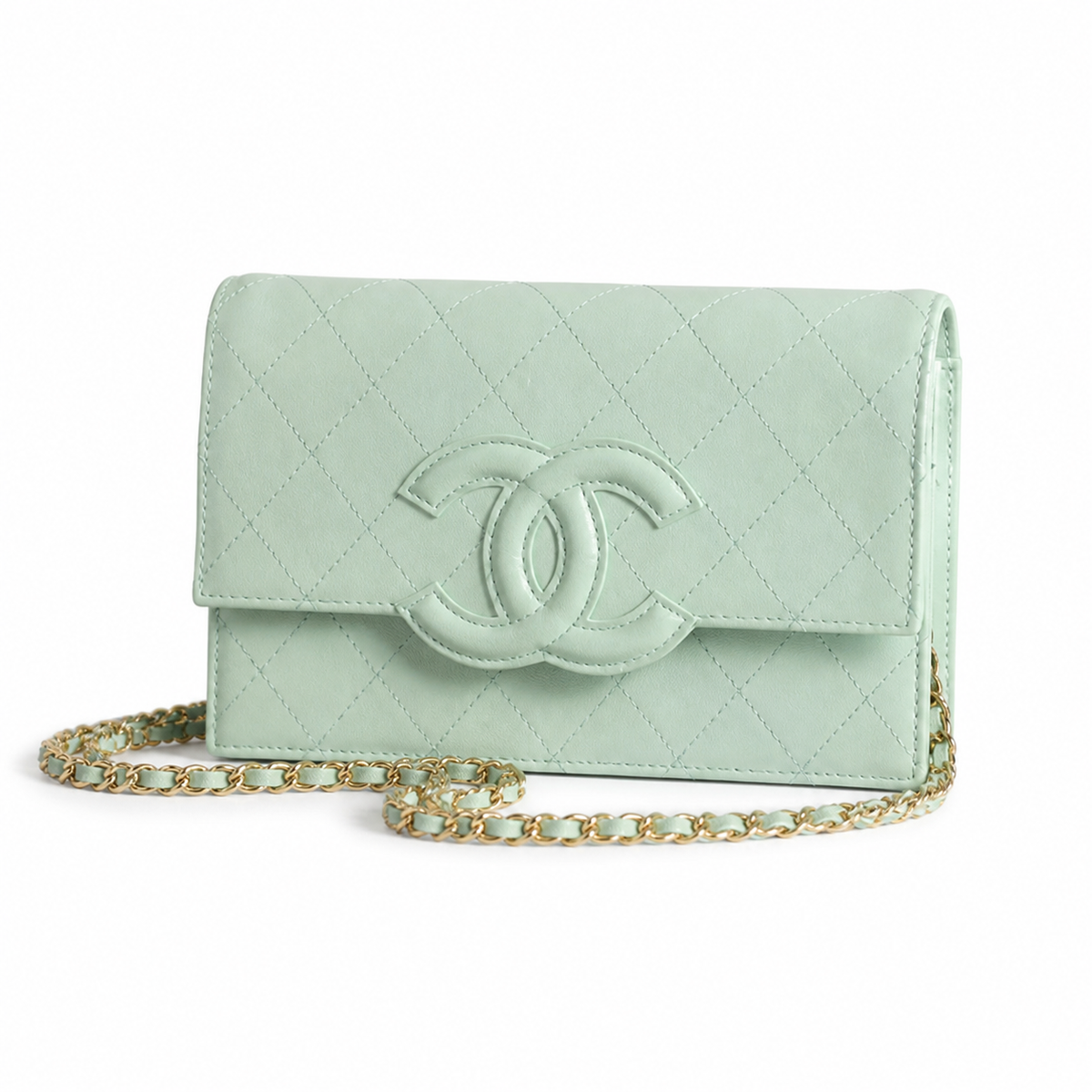 Chanel CC Filigree Wallet on Chain WOC Mint Green Quilted Leather Gold Chain Crossbody 19cm