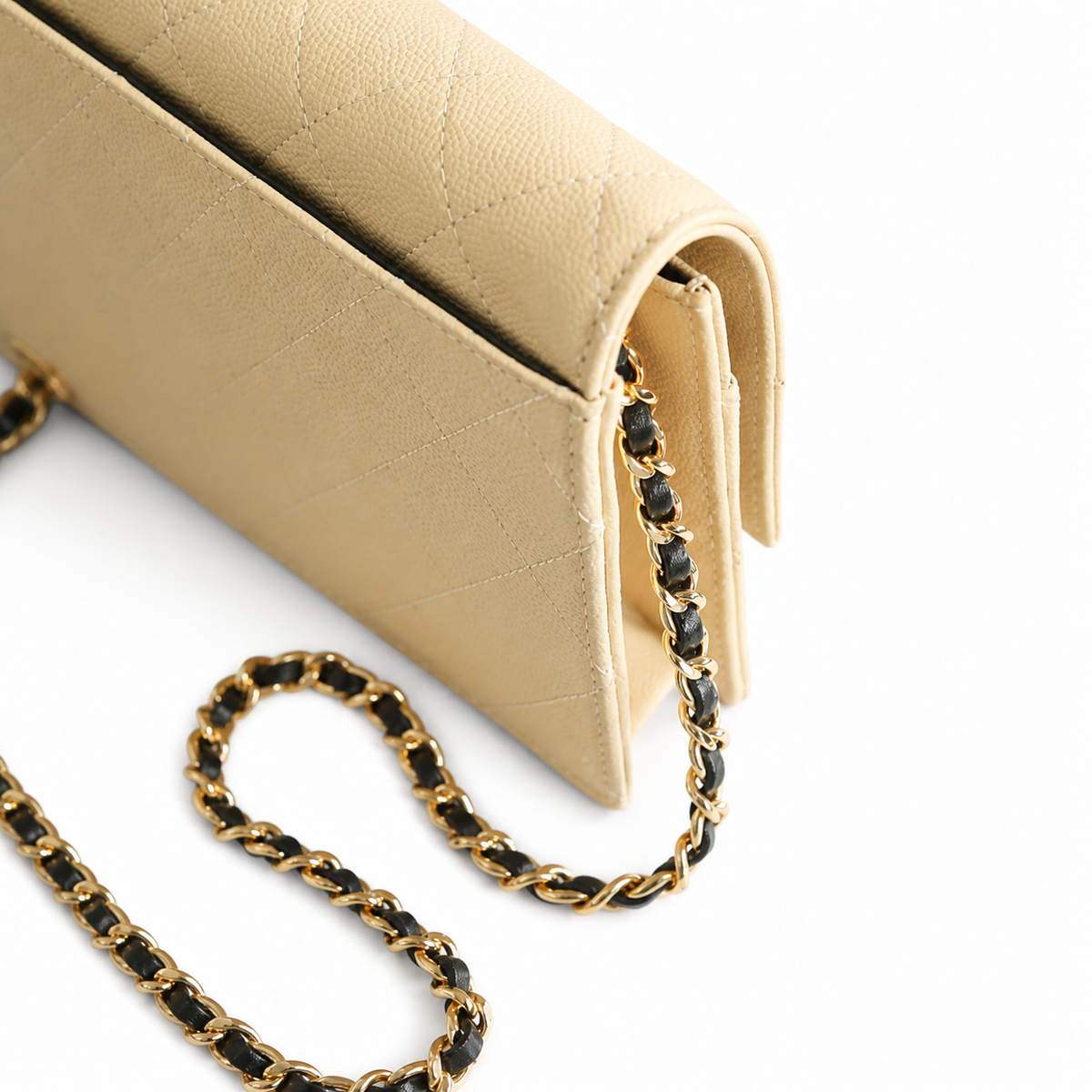 Chanel Bi-Color CC Appliqué Wallet on Chain WOC Beige Quilted Caviar Leather Black CC Gold Chain 19cm