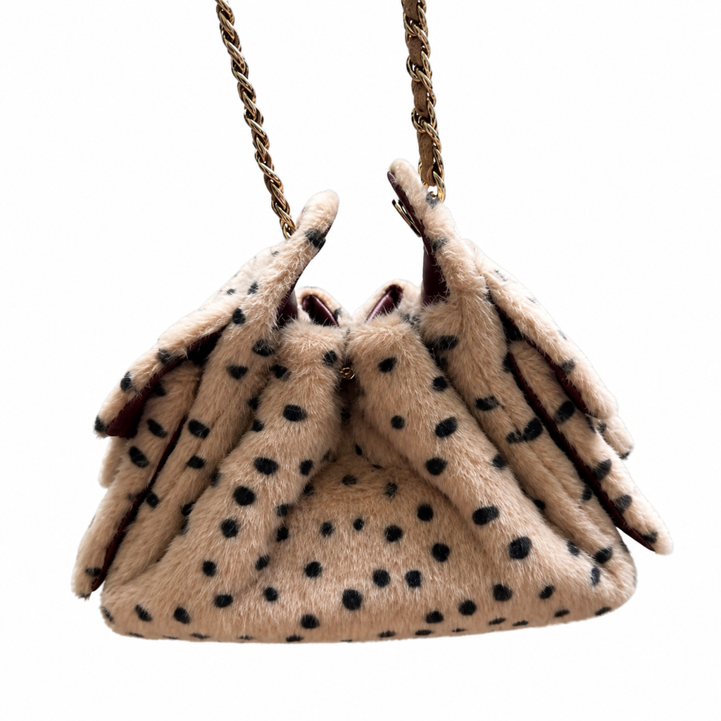 Chanel Beige Polka Dot Faux Fur Mini Backpack Gold CC Pearl Chain