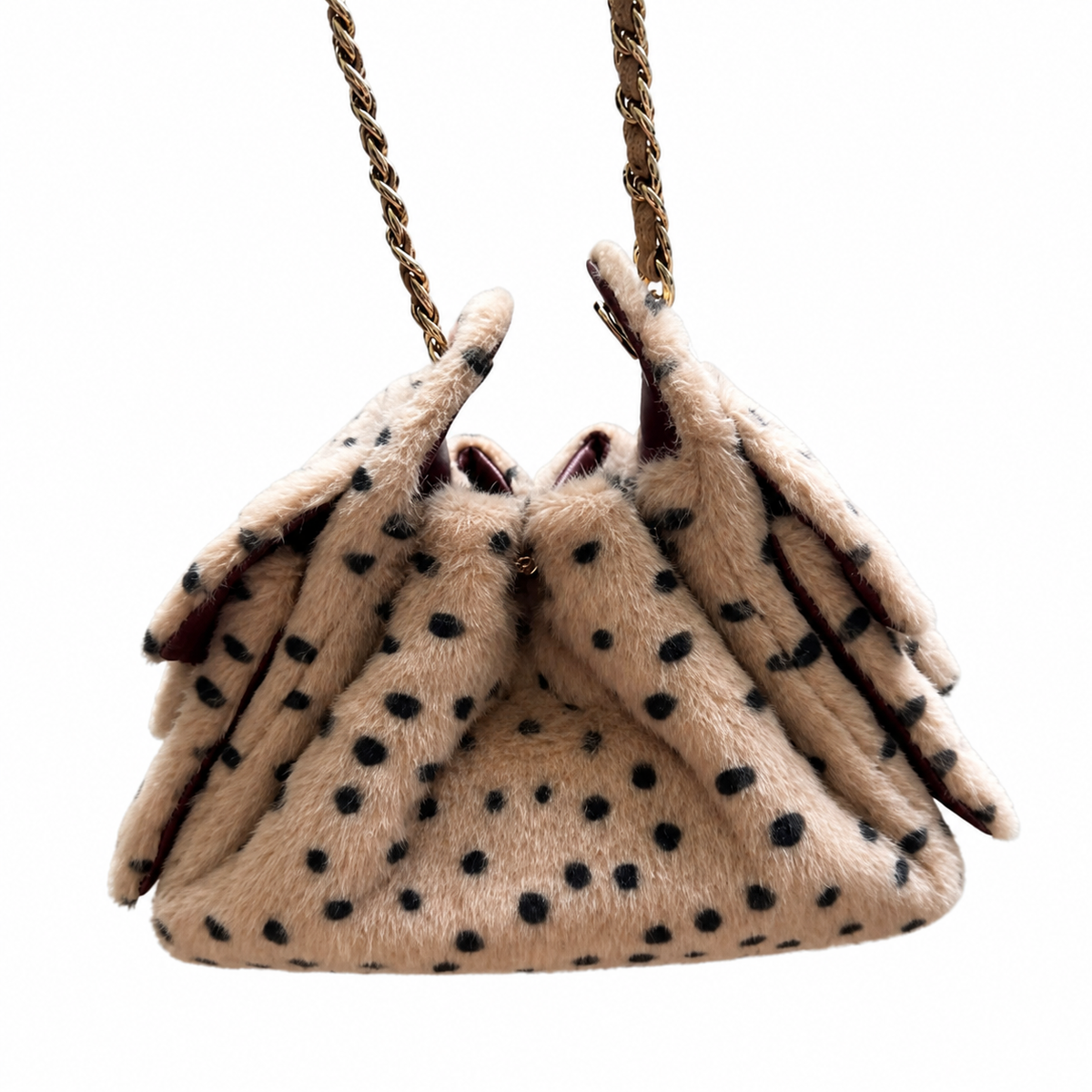 Chanel Beige Polka Dot Faux Fur Mini Backpack Gold CC Pearl Chain