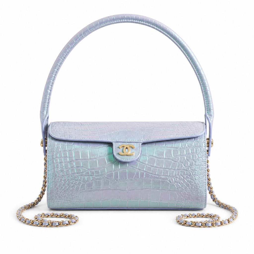 Chanel Iridescent Holographic Croc-Embossed Flap Bag | Gold CC | 11×23×12.5cm