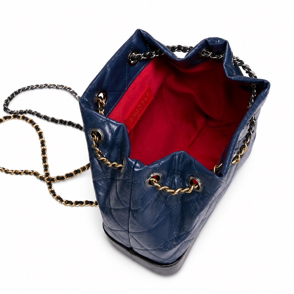 Chanel Gabrielle Backpack Navy Blue Aged Calfskin Black Patent Base Mixed Metal Hardware Drawstring Chain 24cm