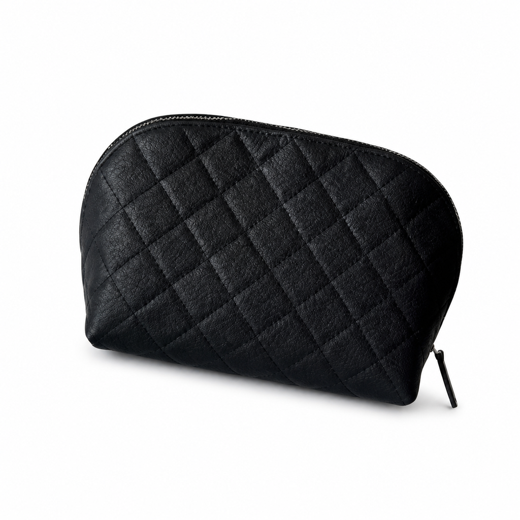Chanel Black Quilted Caviar Rectangular Toiletry Pouch Gold CC Logo Gold Zipper Burgundy Lining Made in Italy 19cm