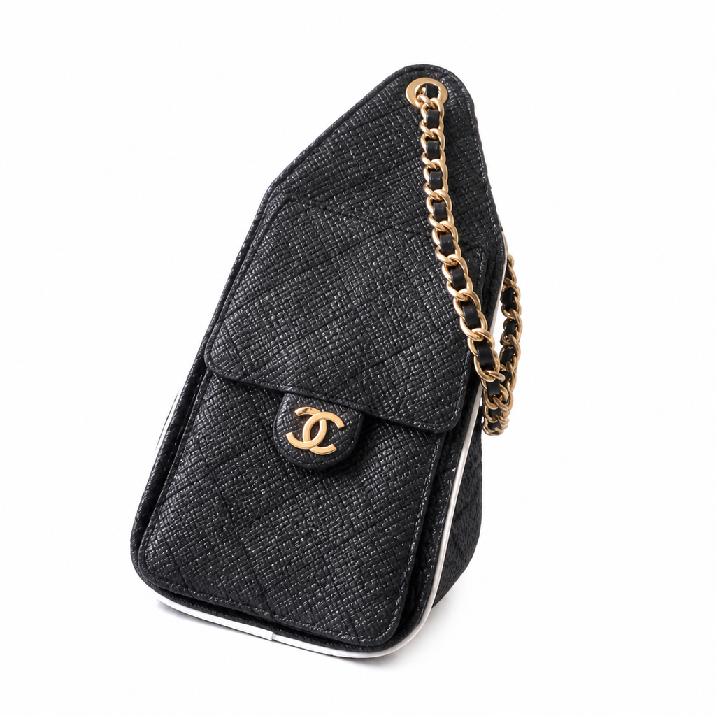 CHANEL Drawstring Bucket Bag – Black Caviar Leather White Trim Gold CC Chain 26×13.5×30cm