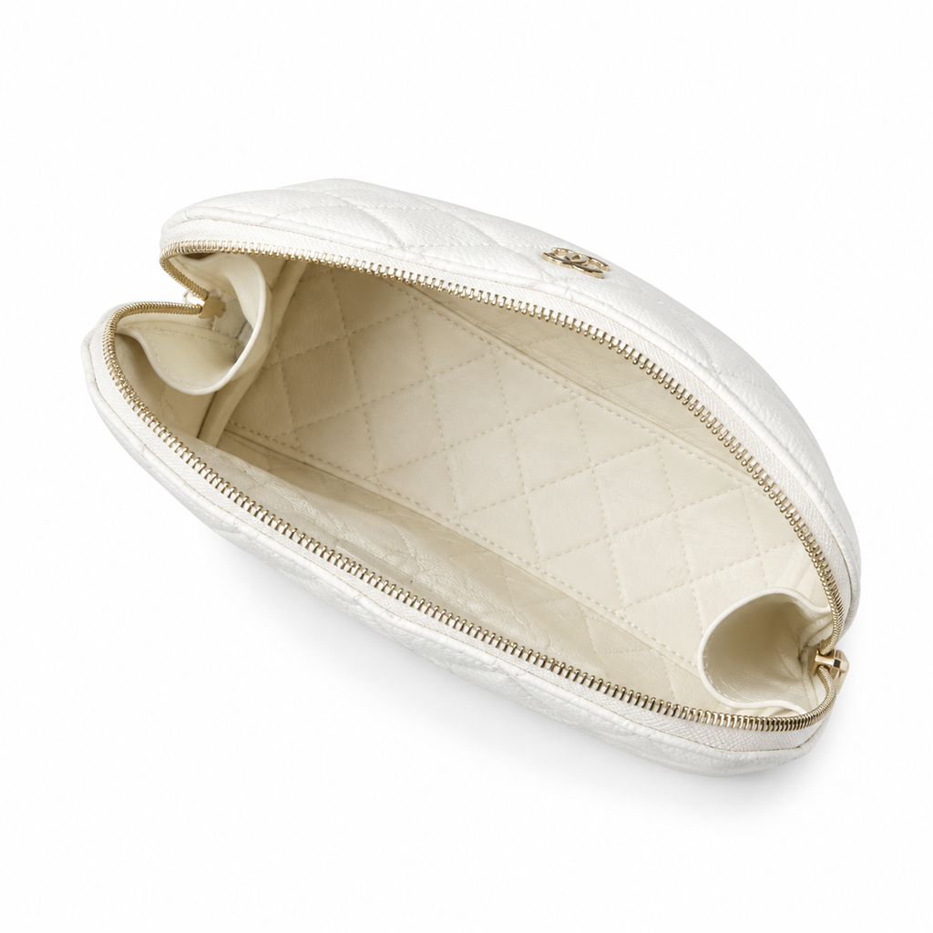 Chanel White Quilted Caviar Clamshell Cosmetic Pouch Beauty Case Gold CC Logo Gold Zipper 19cm