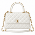 Chanel White Caviar Quilted Top Handle Crossbody Bag Antique Gold Hardware Chain Strap Base Studs 23cm