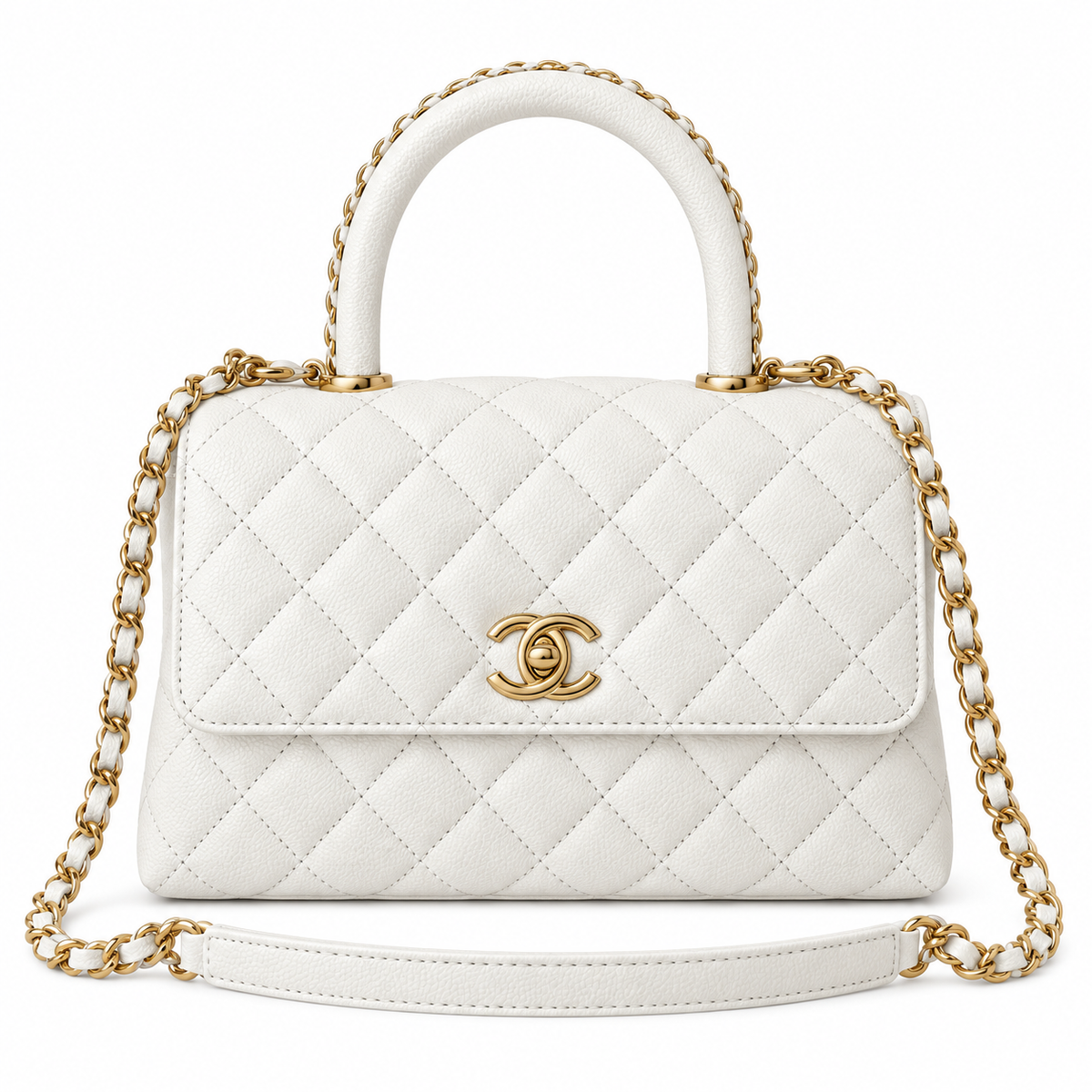 Chanel White Caviar Quilted Top Handle Crossbody Bag Antique Gold Hardware Chain Strap Base Studs 23cm