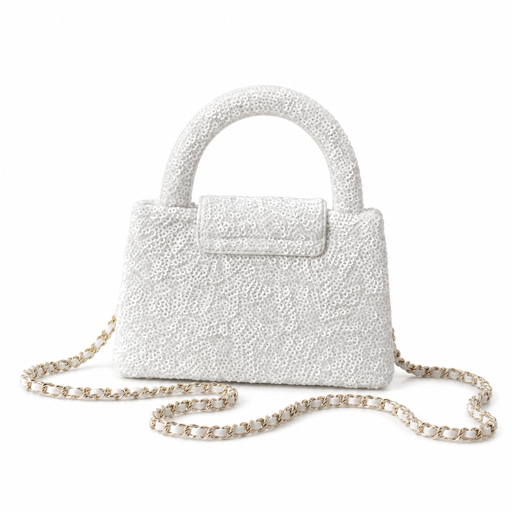 Chanel White Pearl Sequin Kelly Top Handle Bag Silver CC Chain Bridal Evening