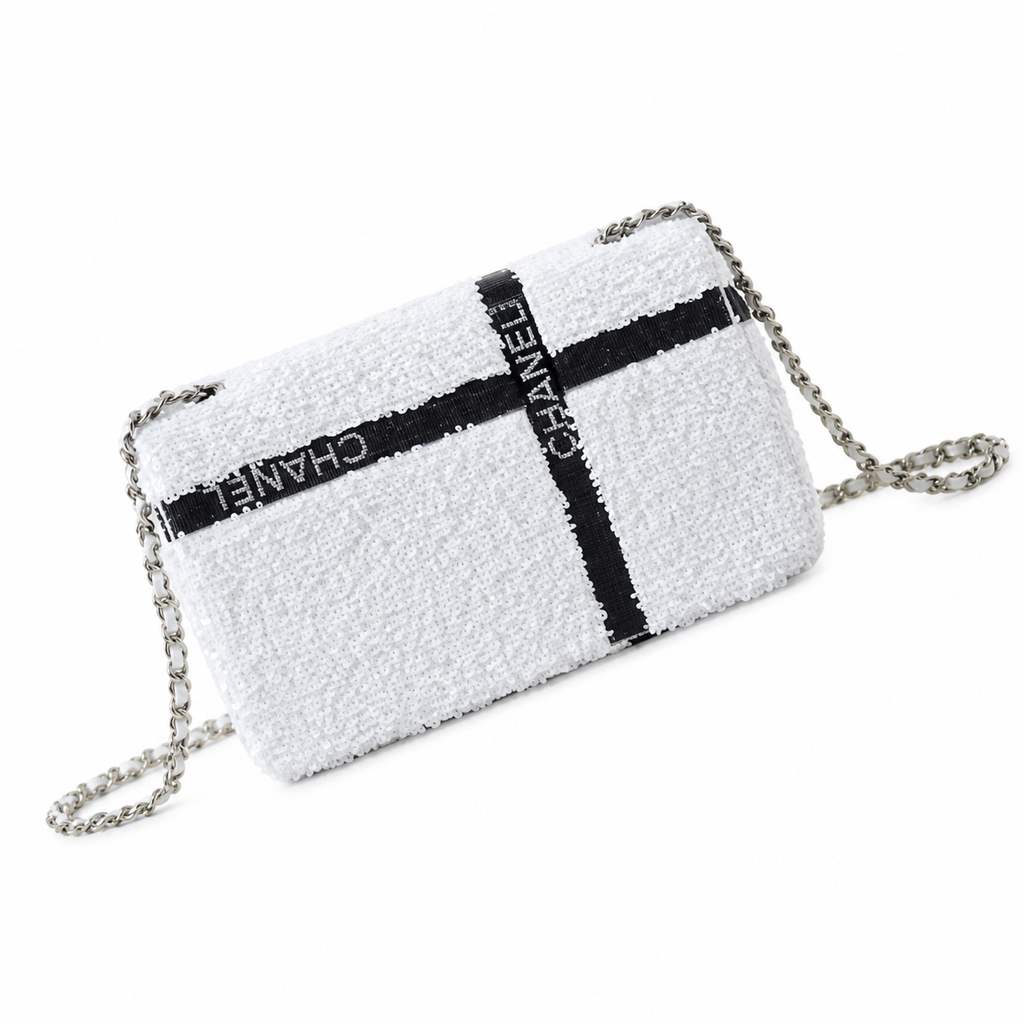 Chanel White Sequin Black Bow Embroidered Flap Bag Silver Chain