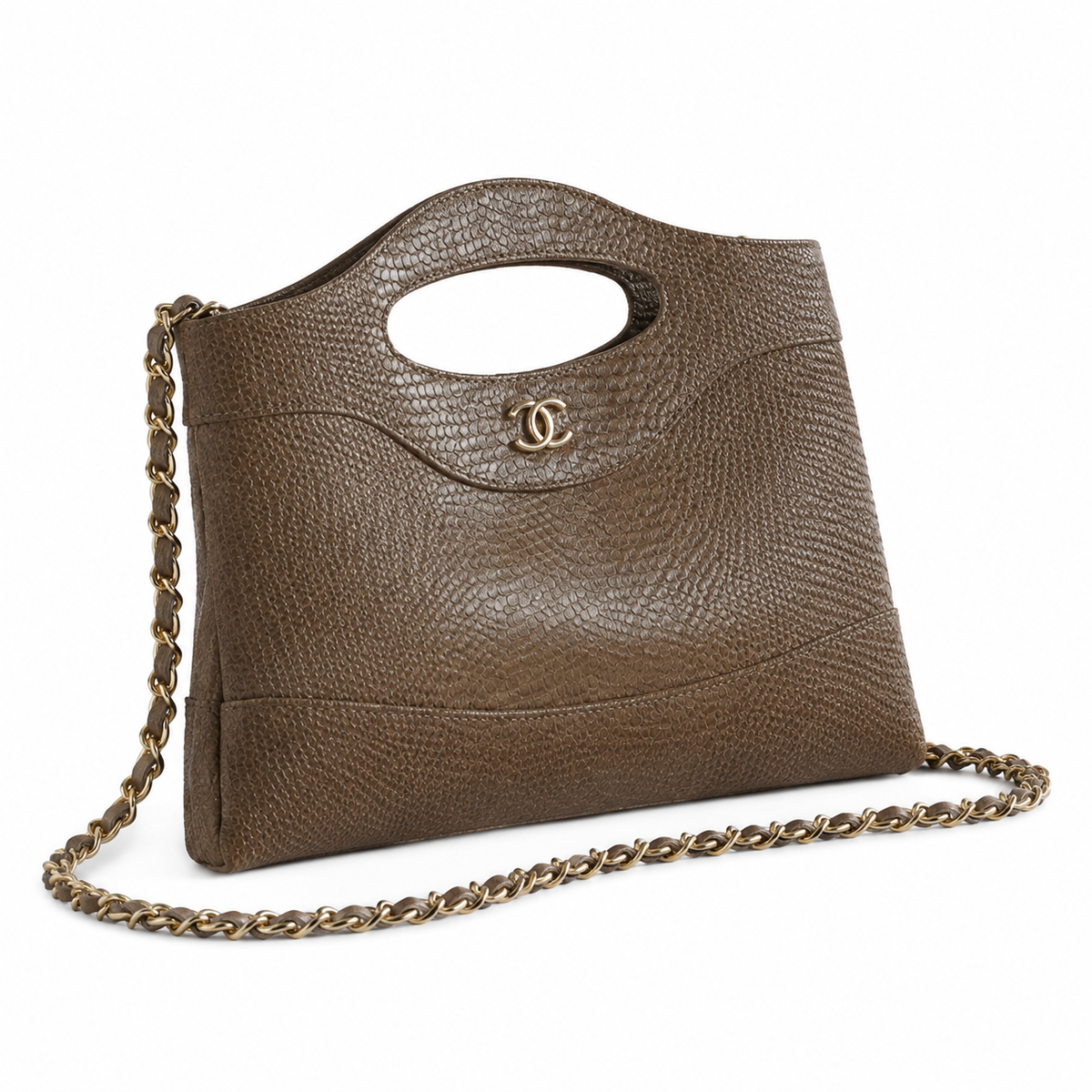 Chanel 31 Khaki Lizard-Embossed Leather Bag with Gold Chain