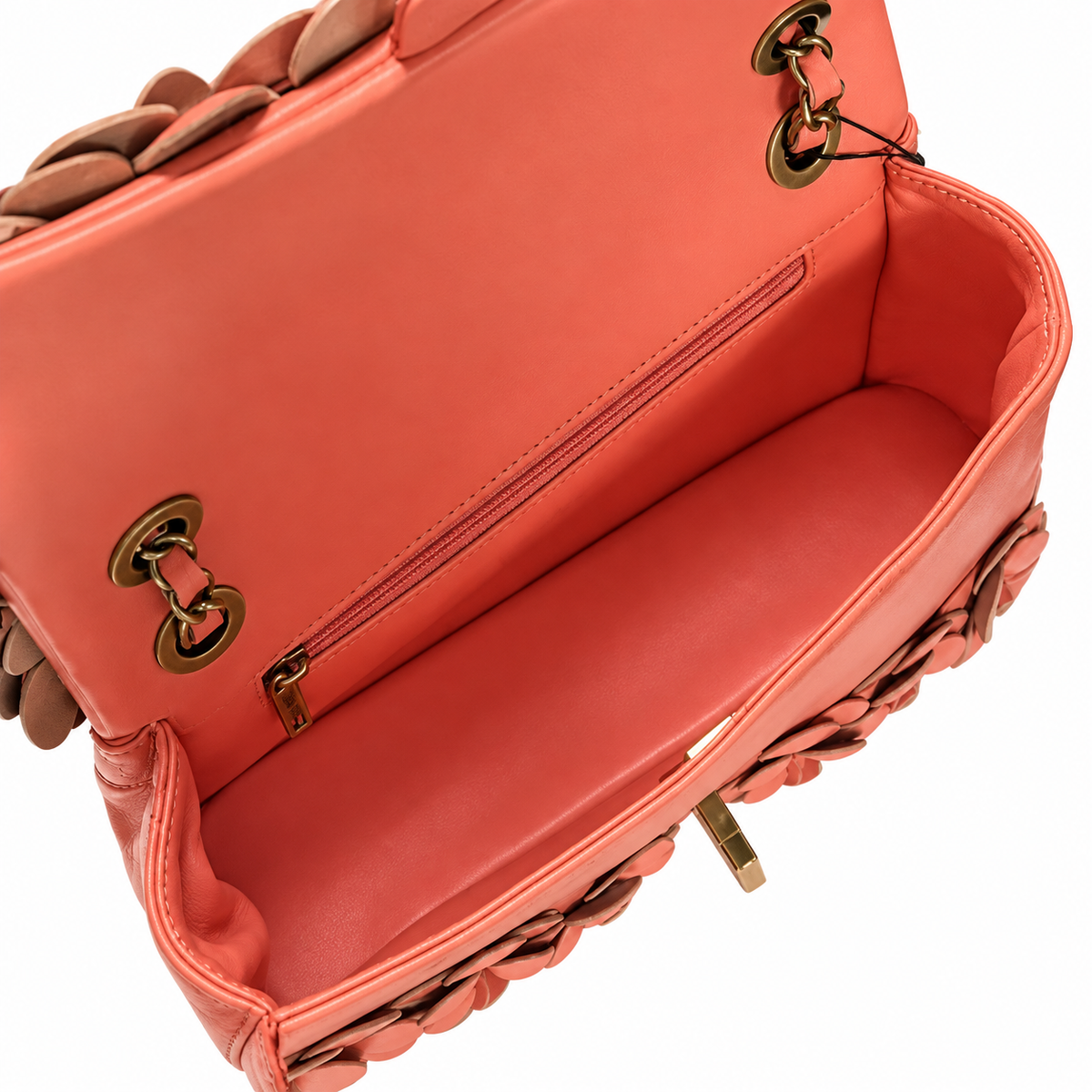 CHANEL Coral Pink Camellia Leather Appliqué Flap Bag Gold Chain