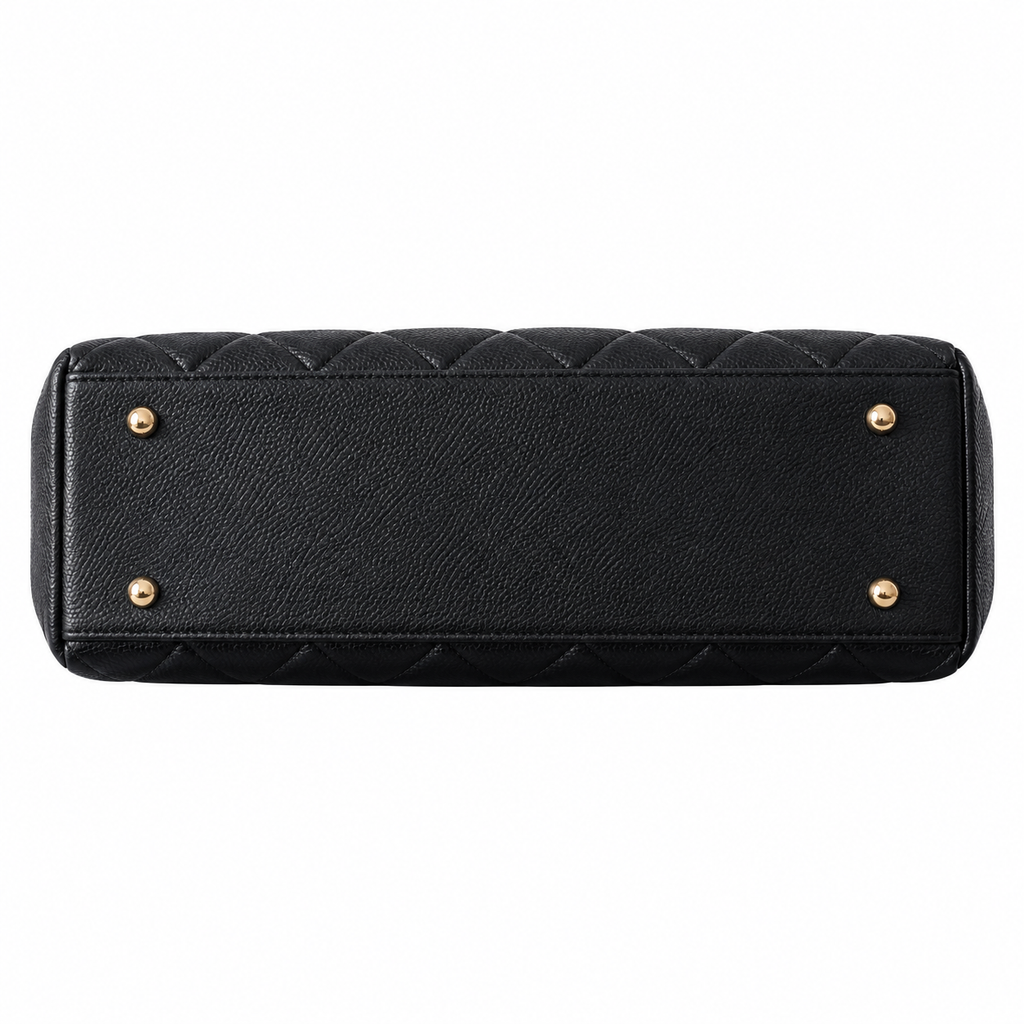 Chanel Black Caviar Quilted Medallion Shopping Shoulder Bag | Gold Chain | Back Zip Pocket | 33×11×23cm