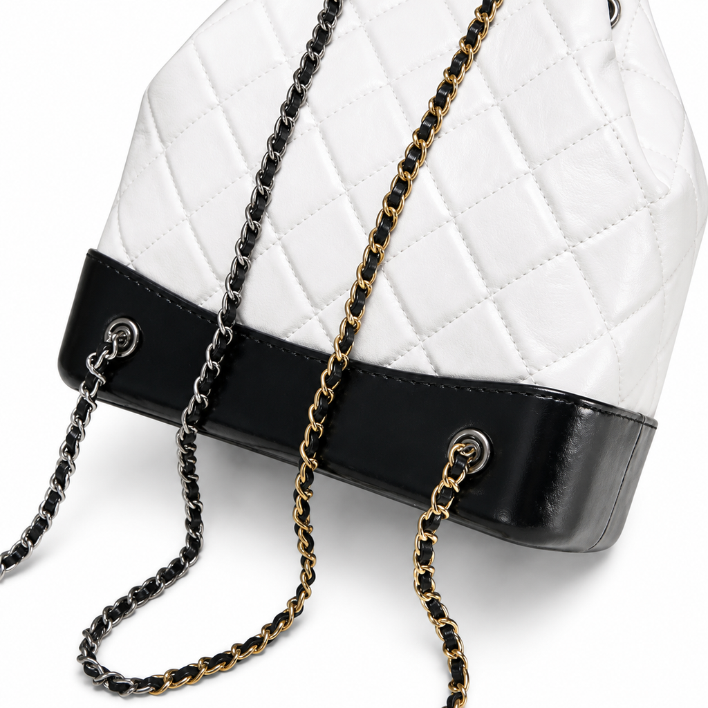 Chanel Gabrielle Backpack White Quilted Leather Black Patent Base Mixed Metal Hardware Red Interior Made in Italy 24cm