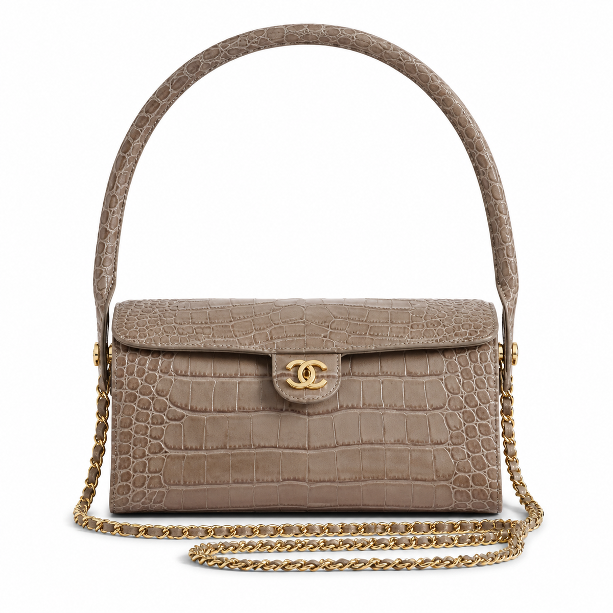 Chanel Taupe Croc-Embossed Leather Barrel Flap Crossbody Bag | Gold Chain | 11×23×12.5cm