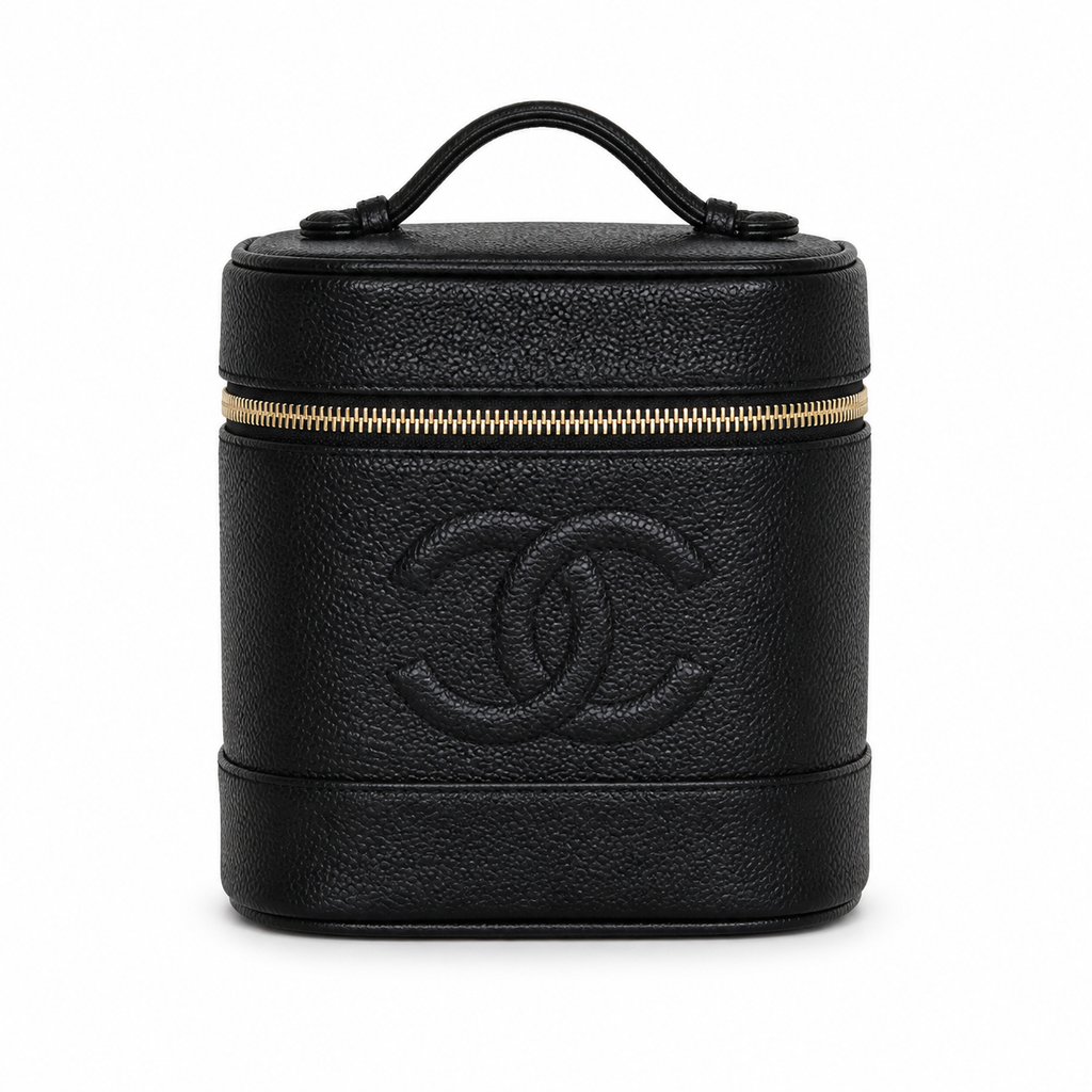 Chanel CC Caviar Leather Vanity Cylinder Case | Black & Gold Zip — 17cm