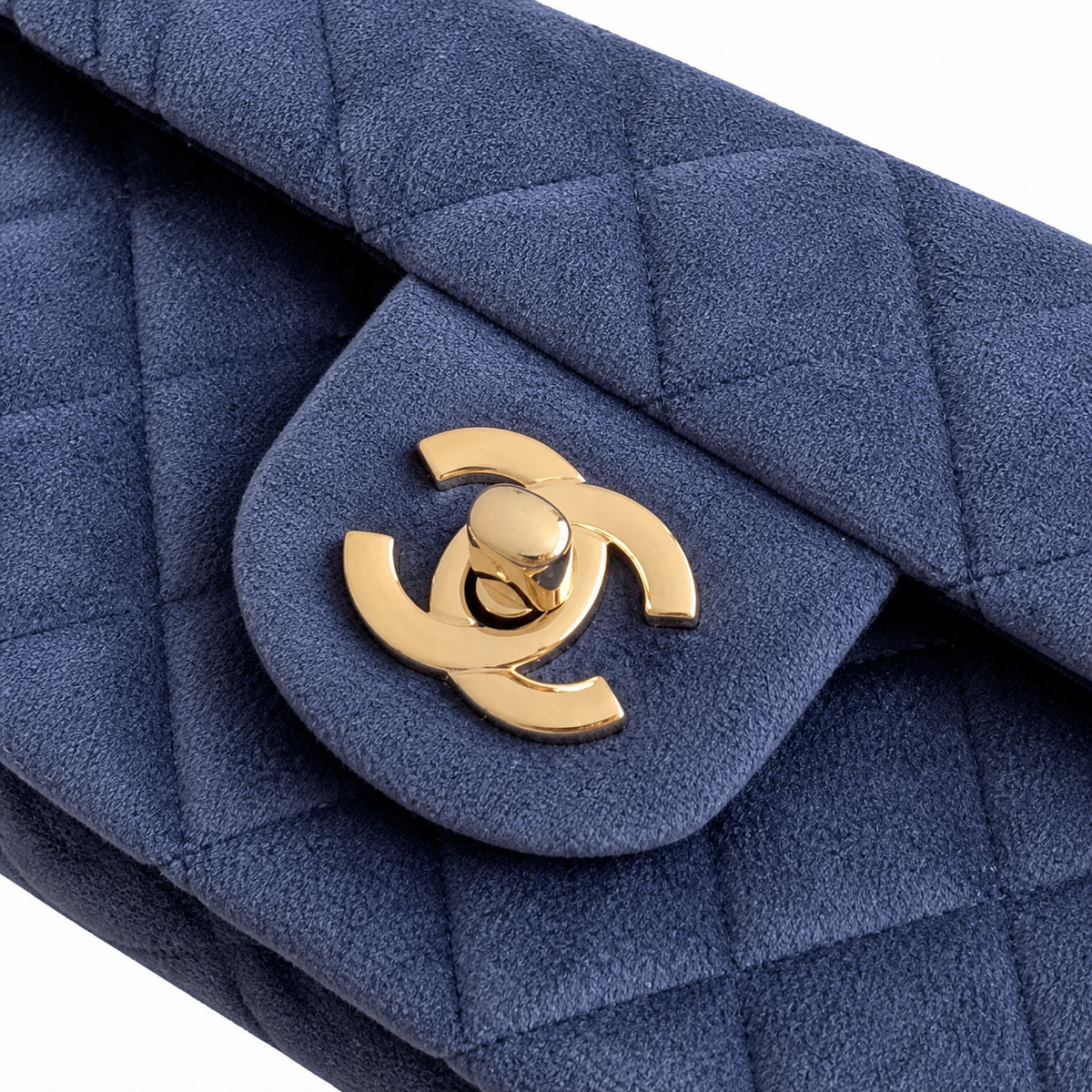 Chanel Pearl Crush Mini Square Flap Bag Navy Blue Velvet Gold Pearl Chain 18cm