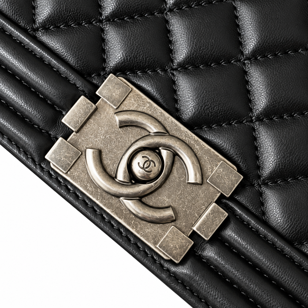 Chanel Boy Bag Small Black Quilted Calfskin Ruthenium Silver Hardware Chunky Chain Logo Plate 20cm