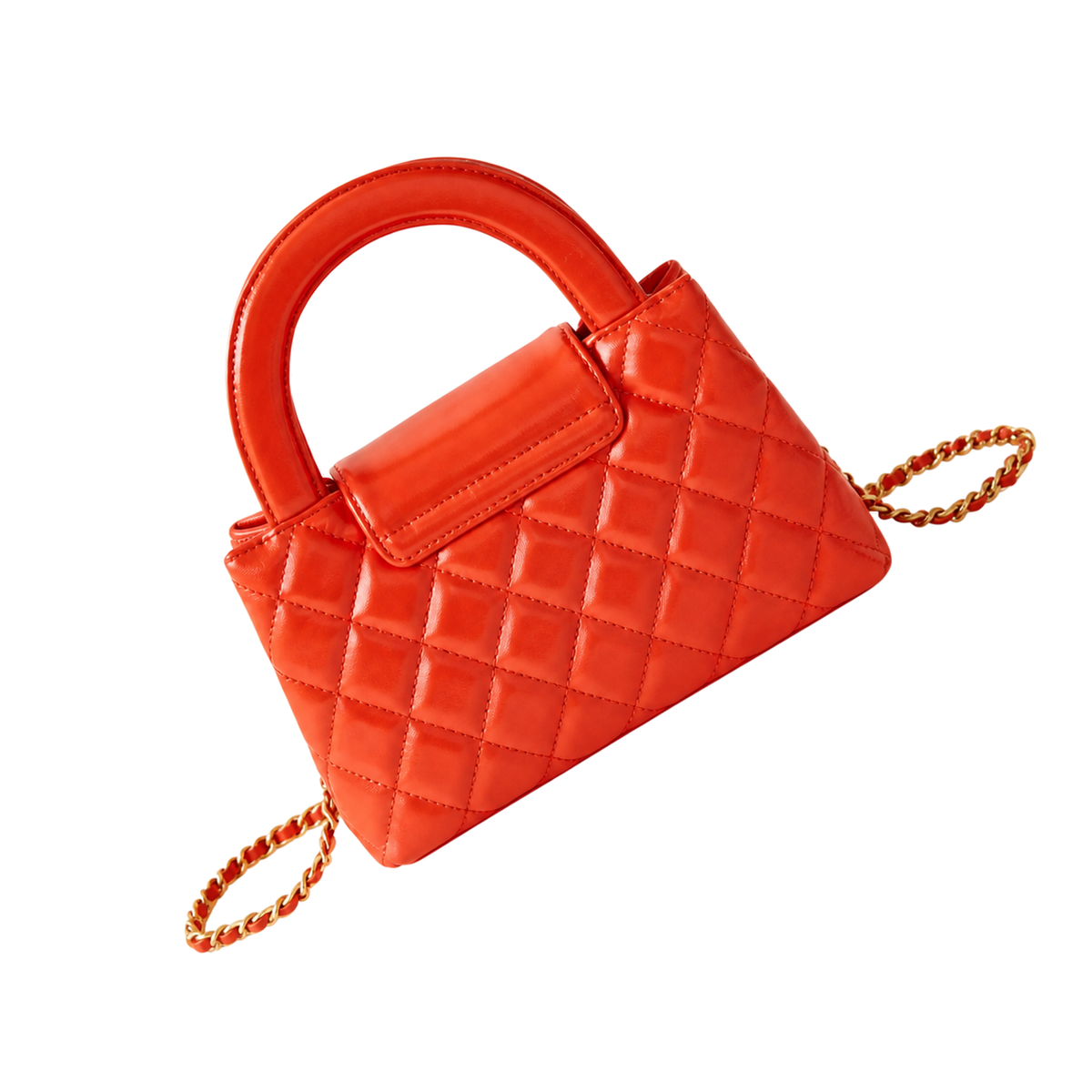 Chanel Coral Red Quilted Lambskin Mini Coco Handle Bag Gold Chain Made in Italy