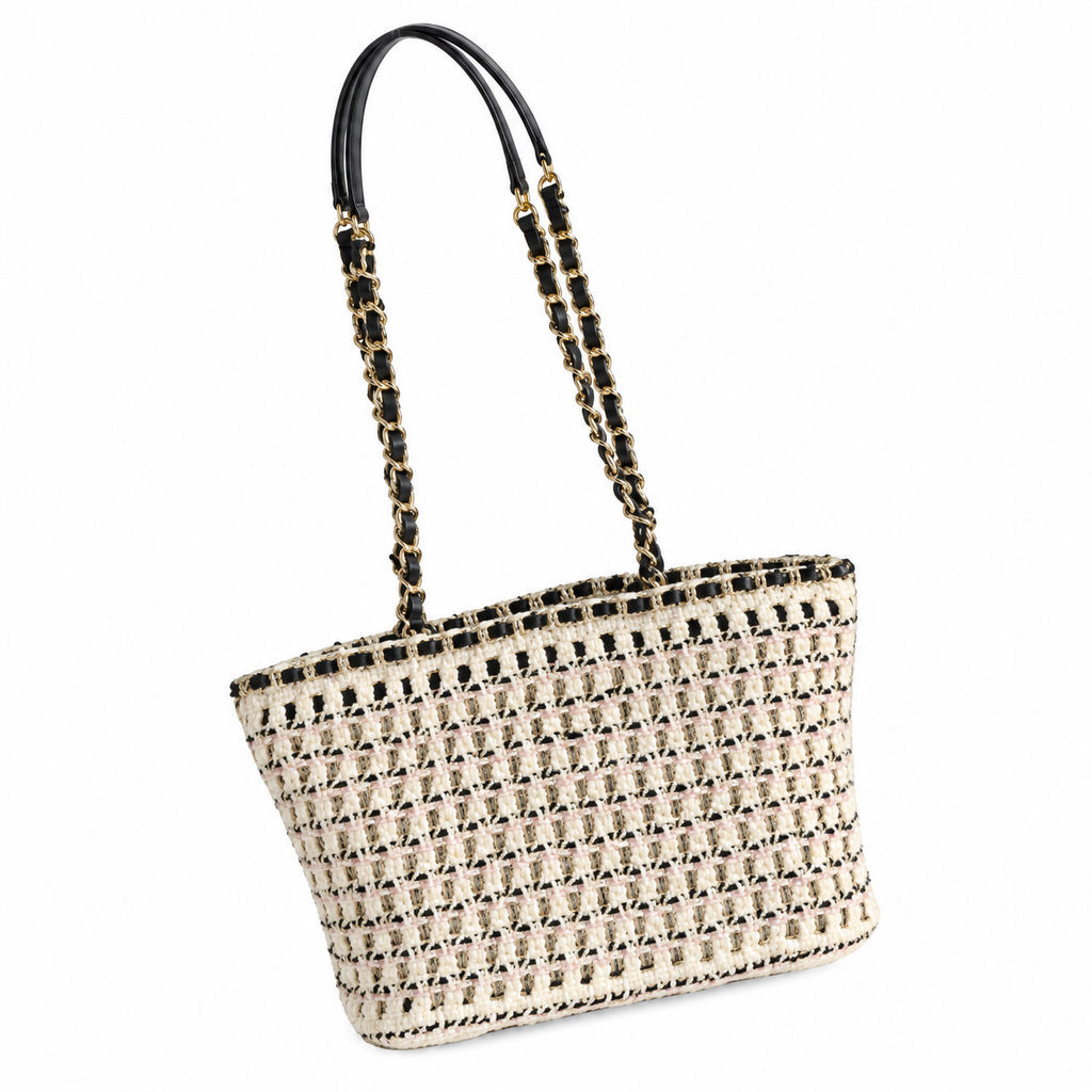 Chanel Black & White Woven Tweed Shopping Tote Bag | Gold CC Chain Handles | 28×20×13cm