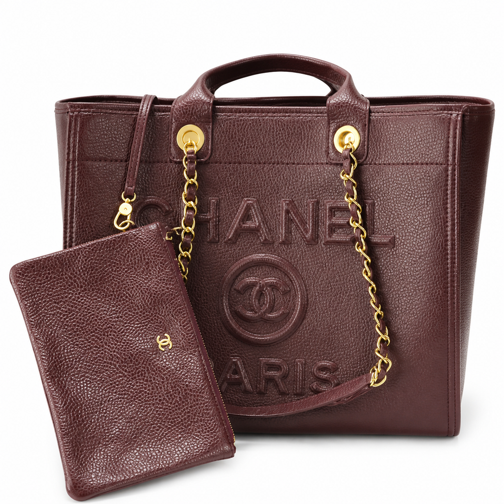 CHANEL Deauville Shopping Tote – Burgundy Caviar Leather Gold Hardware with Detachable CC Pouch 30×50×21cm